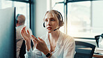 Call center, explain or woman with customer service headset, sales consulting or loan advice. Coworking, financial advisor or finance help on microphone for feedback, online inquiry or banking limit