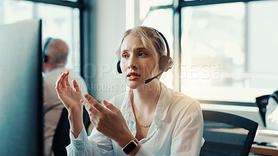 Buy stock photo Call center, explain or woman with customer service headset, sales consulting or loan advice. Coworking, financial advisor or finance help on microphone for feedback, online inquiry or banking limit