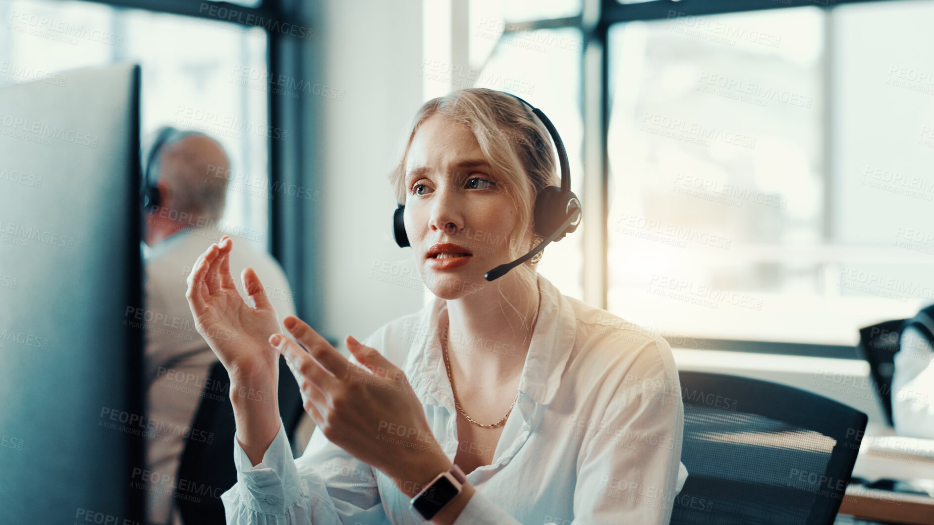 Buy stock photo Call center, explain or woman with customer service headset, sales consulting or loan advice. Coworking, financial advisor or finance help on microphone for feedback, online inquiry or banking limit