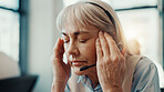 Tired, woman and headache of stress in call center for difficult client, overworked or burnout. Customer service, headset or mature person with tension migraine for technical issue, fatigue or crisis