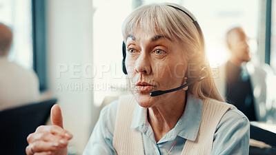 Buy stock photo Call center, agent and woman with headset, lead generation and talking to contact for telemarketing. Business, representative and mature person with tech for sales, conversation and consultation