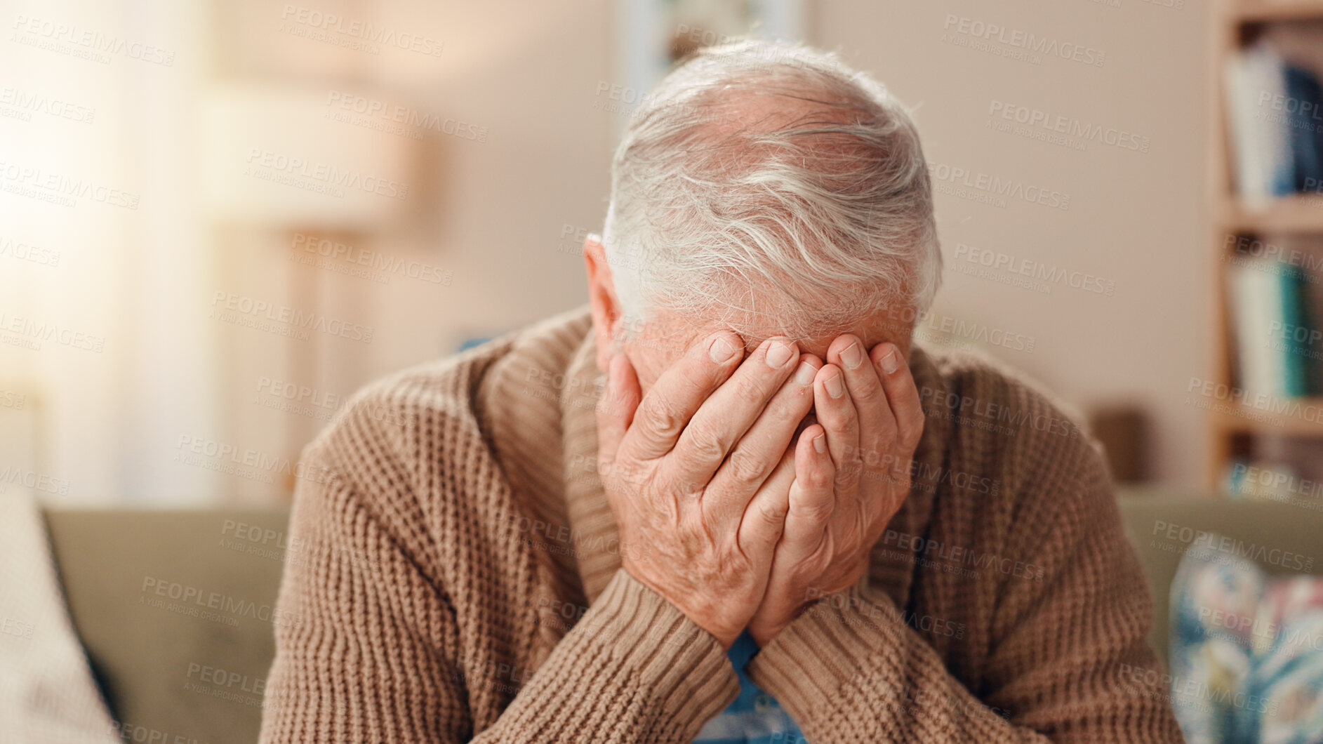 Buy stock photo Crying, senior man and grief in home, sadness or emotional for loss in living room or mental health. Depressed, elderly person and tears for bad news, memory and mourning in lounge, lonely or unhappy