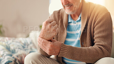 Buy stock photo Senior man, hands and injury with muscle tension for carpal tunnel syndrome or fibromyalgia at home. Elderly, male person or sore wrist with pain, discomfort or ache for arthritis or chronic illness