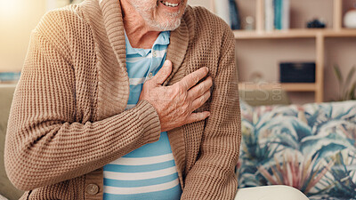 Buy stock photo Senior man, hands and sofa with chest pain for medical emergency or cardiac arrest at home. Closeup, elderly or male person with discomfort or lung disease for heartburn or heart attack at house