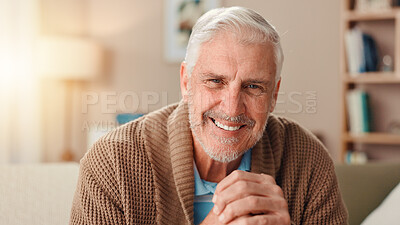 Buy stock photo Senior man, smile and portrait on sofa in home, relax and pride in living room for retirement. Elderly person, happy and face on couch in lounge for rest, confidence and mindset at house in Germany