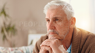 Buy stock photo Thinking, vision and memory with old man on sofa for Alzheimer, retirement or reflection. Nostalgia, depression and loneliness with senior person in living room of home for dementia and mental health
