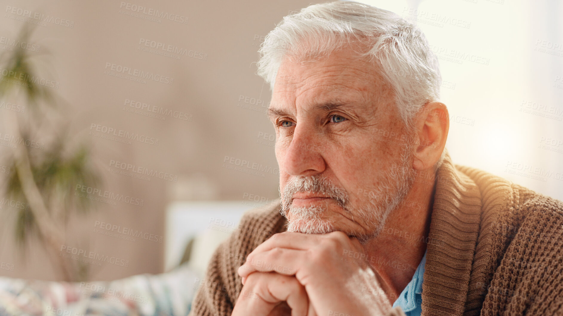 Buy stock photo Thinking, vision and memory with old man on sofa for Alzheimer, retirement or reflection. Nostalgia, depression and loneliness with senior person in living room of home for dementia and mental health