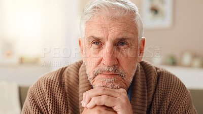 Buy stock photo Thinking, sad and memory with old man on sofa for Alzheimer, retirement and reflection. Thoughtful, depression and loneliness with senior person in living room of home for dementia and mental health