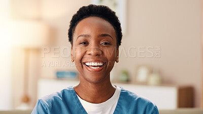 Buy stock photo Happy nurse, portrait and black woman with confidence for medical healthcare or service at home. Female person, caregiver or health worker with smile in joy for retirement care or assisted living