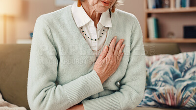 Buy stock photo Senior woman, hands and sofa with chest pain for medical emergency or cardiac arrest at home. Closeup, elderly or female person with discomfort or lung disease for heartburn or heart attack at house