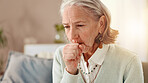 Senior, sick woman and cough with viral infection for chronic illness, influenza or virus at home. Elderly, female person or cold with hayfever, bronchitis or flu symptoms for lung disease or sinus