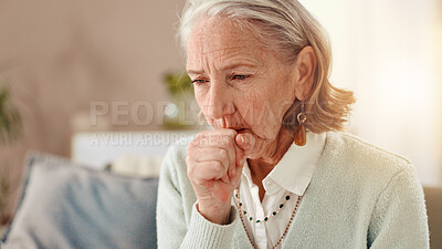 Buy stock photo Senior, sick woman and cough with viral infection for chronic illness, influenza or virus at home. Elderly, female person or cold with hayfever, bronchitis or flu symptoms for lung disease or sinus