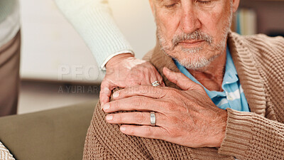 Buy stock photo Hands, shoulder and senior couple on sofa for comfort, empathy and support together. Retirement home, marriage and closeup of mature man with woman for care, help and compassion in living room