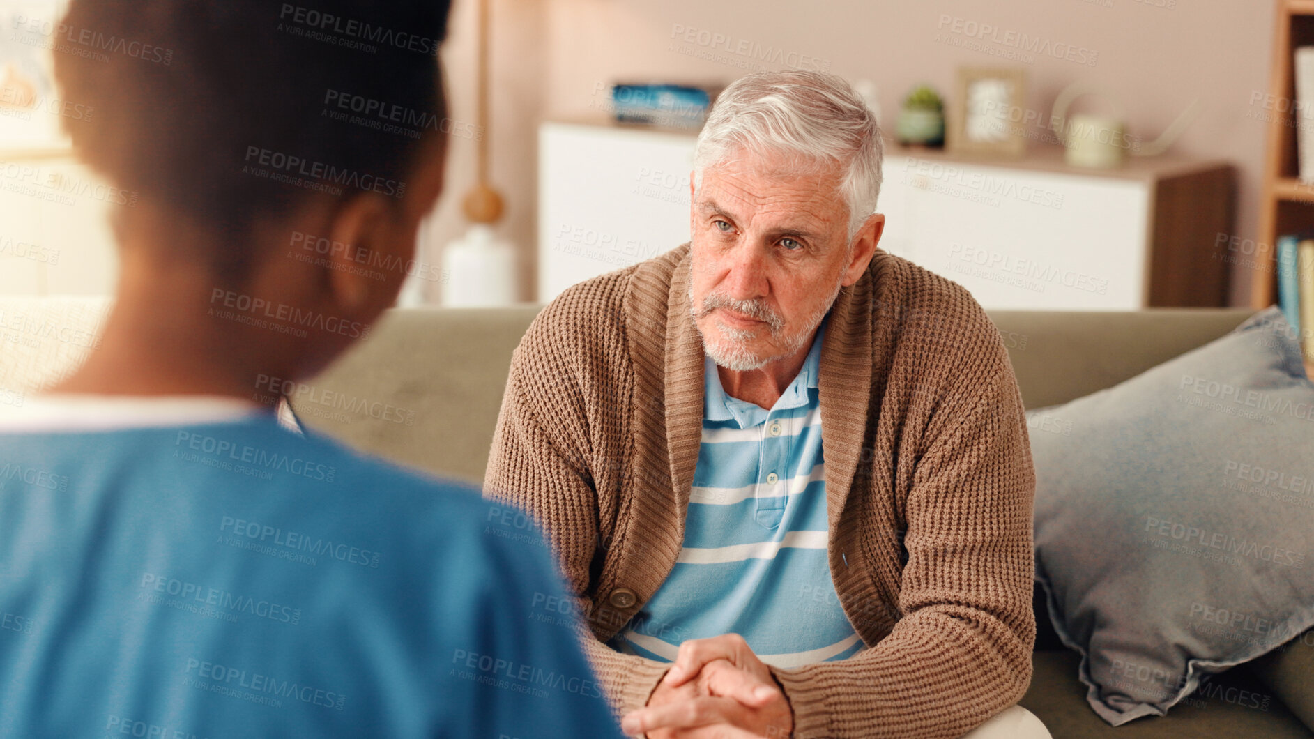 Buy stock photo Nurse, advice and healthcare with old man on sofa for occupational therapy, listening and consulting. Medical, caregiver and retirement with senior person in nursing home for wellness and support