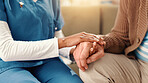 Elderly patient, nurse and hands with care on sofa for empathy or understanding at retirement home. Closeup, caregiver and help with senior person for assisted living, sympathy or support at house