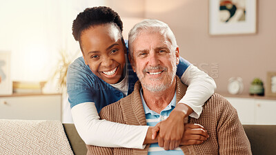 Buy stock photo Happy nurse, portrait and hug with elderly patient at retirement house for assisted living or care. Woman, medical caregiver or smile with retired man or senior for private healthcare at old age home
