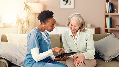 Buy stock photo Tablet, happy and nurse with senior woman on sofa for medical service, consulting and help. Retirement home, healthcare and caregiver with patient on digital tech for results, diagnosis and good news