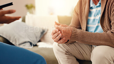 Buy stock photo Nurse, hands and healthcare with old man on sofa for occupational therapy, advice and consulting. Medical, caregiver and retirement with senior person in nursing home for wellness and support