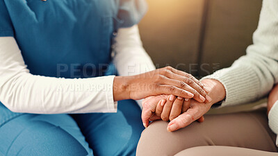 Buy stock photo Holding hands, closeup and senior woman with nurse on sofa for comfort, empathy and support. Retirement home, healthcare and caregiver with patient for care, help and compassion in assisted living