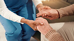 Holding hands, closeup and elderly person with nurse on sofa for comfort, empathy and support. Retirement home, healthcare and caregiver with patient for care, help and compassion in assisted living