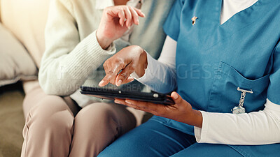 Buy stock photo Tablet, hands and nurse with senior person on sofa for medical service, consulting and help. Retirement home, healthcare and caregiver with patient on tech for results, diagnosis or assisted living