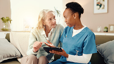 Buy stock photo Tablet, sofa and nurse with senior woman for medical service, consulting and talking. Retirement home, healthcare and caregiver with patient on digital tech for results, diagnosis or assisted living