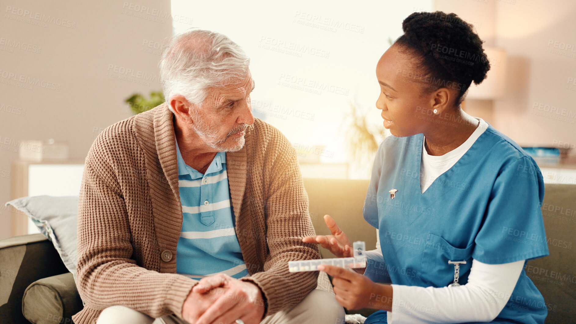 Buy stock photo Woman, nurse or pills with senior patient for medication prescription, consultation or dosage. Female person, caregiver or elderly man with medical or healthcare advice for pharmaceutical instruction