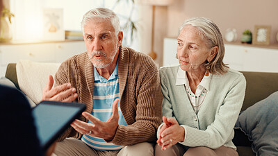 Buy stock photo Elderly couple, consultation or therapist with tablet on sofa for therapy session or counseling. Senior, man and woman talking with counsellor for communication or discussion at retirement home