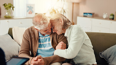 Buy stock photo Happy, hug and senior couple with nurse in discussion for medical service, support and good news. Retirement, healthcare and person with mature man and woman on tech for consulting in assisted living