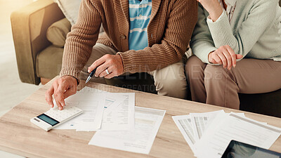 Buy stock photo Elderly couple, hands and calculator with documents for budget planning, finance or audit at home. Senior, man and woman with paperwork, bills or expenses for financial calculation or accounting