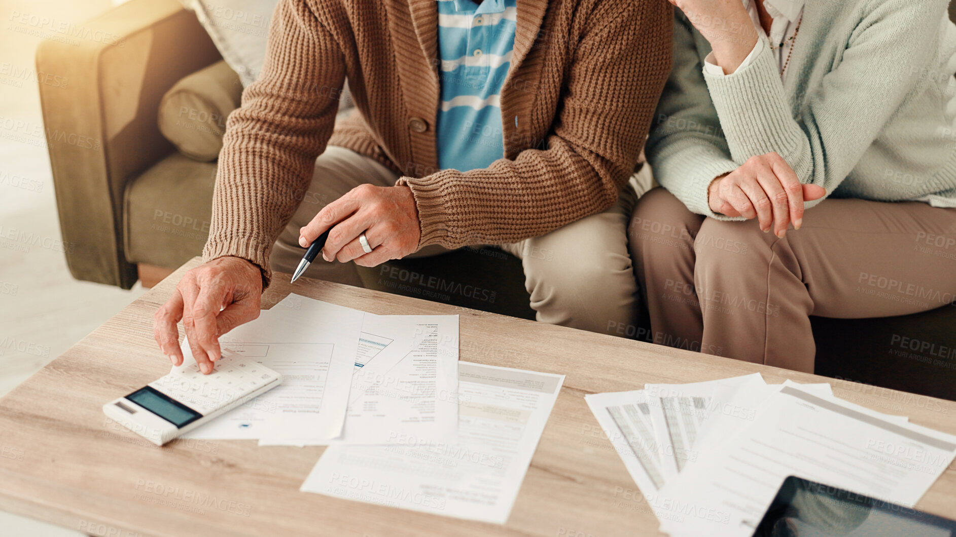 Buy stock photo Elderly couple, hands and calculator with documents for budget planning, finance or audit at home. Senior, man and woman with paperwork, bills or expenses for financial calculation or accounting