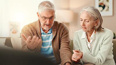 Buy stock photo Frustrated, senior couple and argument with disagreement for financial crisis or debt at home. Upset, elderly man and woman with fight for poor pension fund, decline or bad news at retirement house