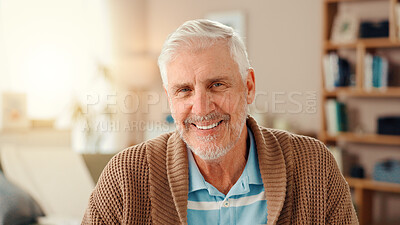 Buy stock photo Senior man, happy and portrait on sofa in home, relax and pride in living room for retirement. Elderly person, smile and face on couch in lounge for rest, confidence and mindset at house in Germany