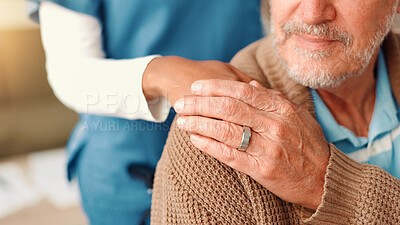 Buy stock photo Hands, shoulder and nurse with elderly person on sofa for comfort, empathy and support. Retirement home, healthcare and caregiver with patient for medical care, help and compassion in assisted living