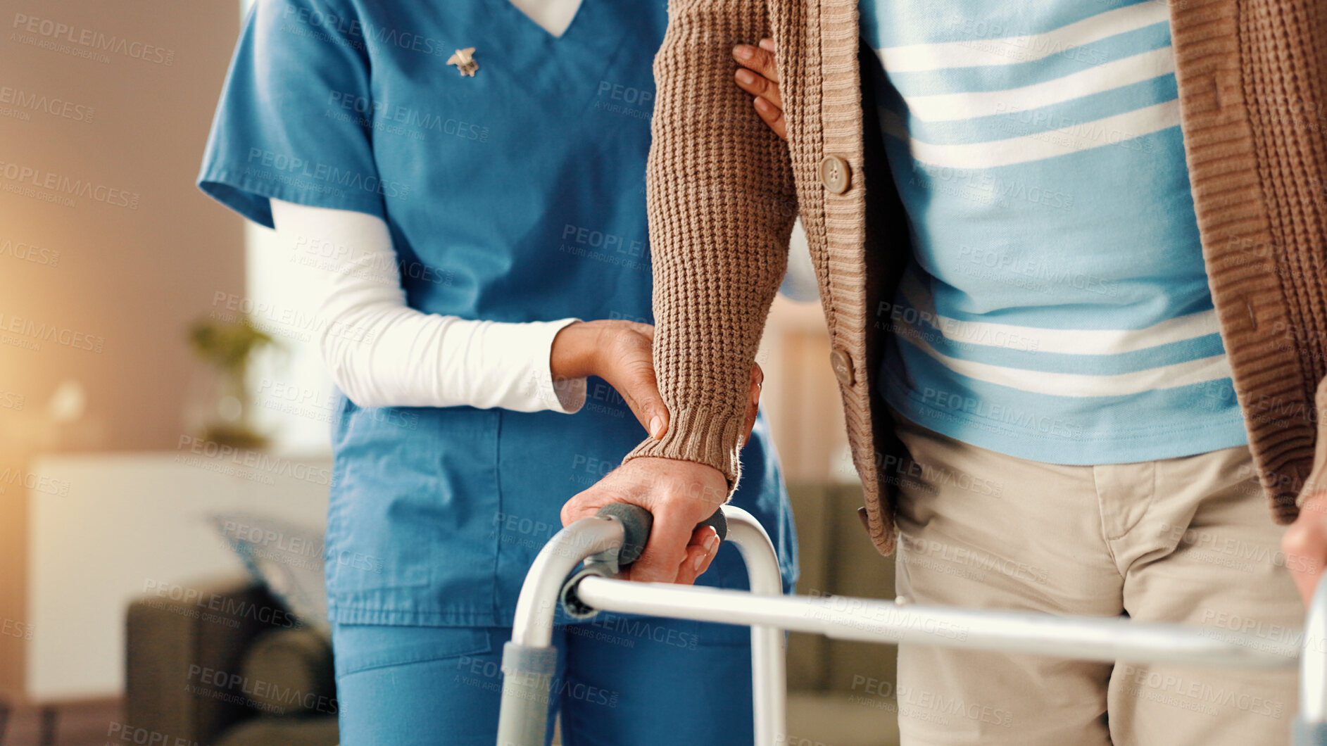 Buy stock photo Nurse, help and elderly patient with walker for assisted living, mobility or healthcare at house. People, hands and caregiver aiding senior person with a disabiliy for movement, recovery or walking