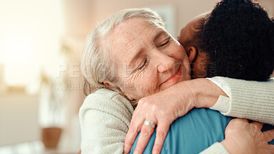 Buy stock photo Senior, happy woman or hug with nurse for healthcare, gratitude or thank you at retirement home. Elderly, female person or patient with caregiver for love, embrace or assisted living at old age house