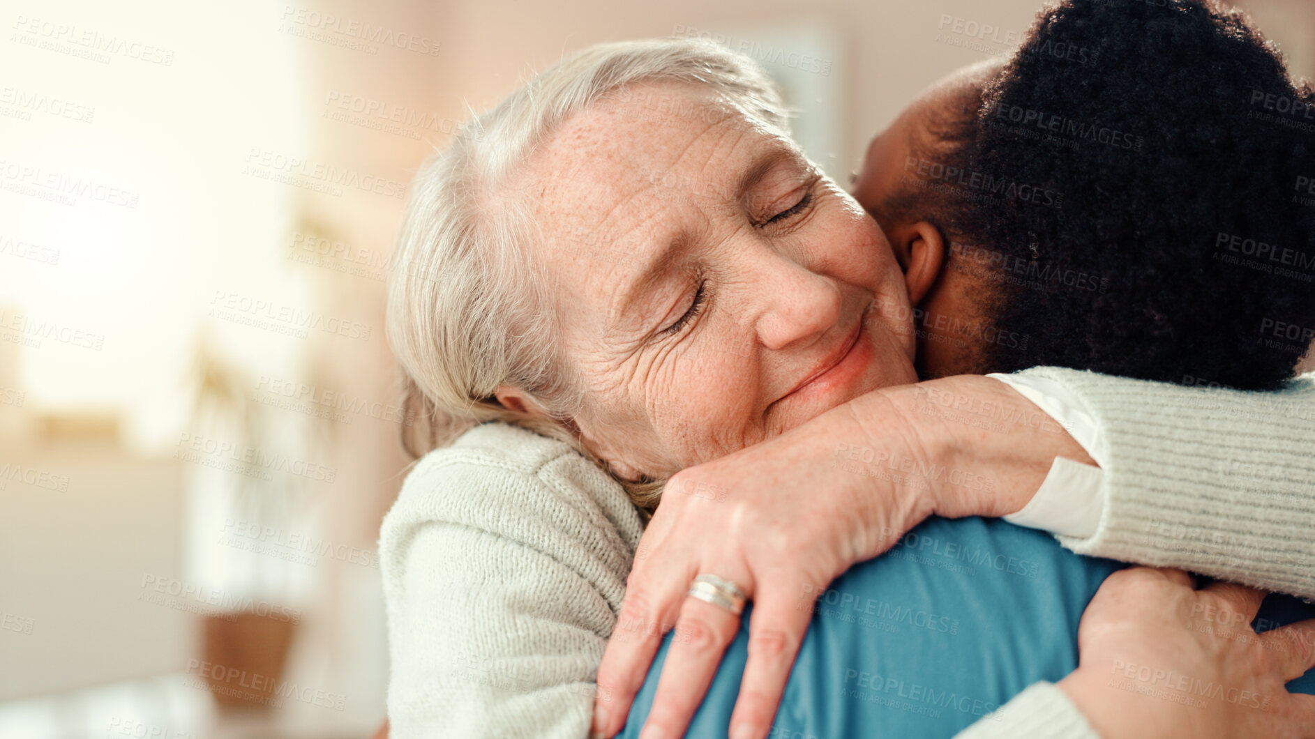 Buy stock photo Senior, happy woman or hug with nurse for healthcare, gratitude or thank you at retirement home. Elderly, female person or patient with caregiver for love, embrace or assisted living at old age house