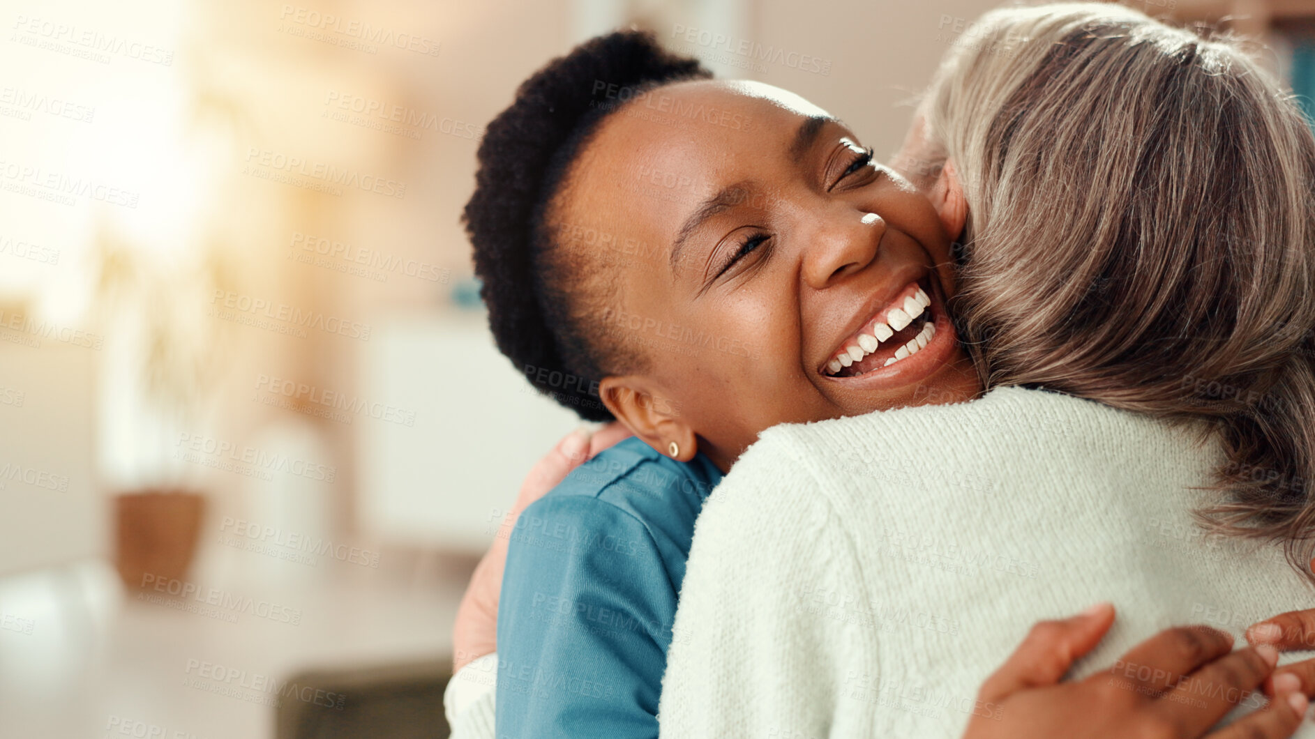 Buy stock photo Senior, happy woman or hug with caregiver for healthcare, gratitude or thank you at retirement home. Elderly, female person or patient with nurse for love, embrace or assisted living at old age house