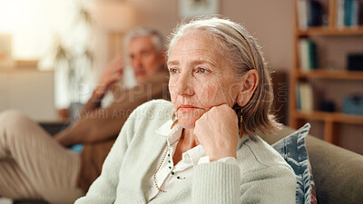 Buy stock photo Frustrated, senior couple and fight with disagreement on sofa for toxic marriage at retirement home. Upset, elderly man or sad woman with argument for conflict, divorce or breakup at old age house