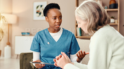 Buy stock photo Women, nurse and elderly patient with tablet for medical checkup or consultation at retirement home. Female people, caregiver or talking with senior person for chat, health advice or assisted living