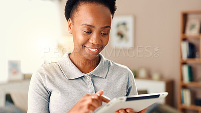 Buy stock photo Black woman, happy or scroll on tablet in home for internet subscription, online shopping or research. Smile, person or digital app in living room for streaming service, social media browsing or chat