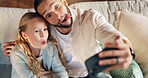 Father, girl and funny face with selfie on sofa, above or happy with care, love and bonding in family home. Dad, child and joke with photography, profile picture and hug for memory in lounge at house