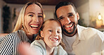 Mom, dad and girl with selfie in home with smile, hug or excited for care, love or bonding in lounge. People, parents and child with photography, portrait or happy in profile picture at family house