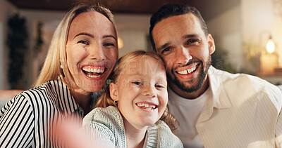 Buy stock photo Mom, dad and girl with selfie in home with smile, hug or excited for care, love or bonding in lounge. People, parents and child with photography, portrait or happy in profile picture at family house