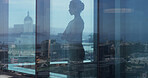 Business woman, window and reflection with confidence on balcony in city for corporate vision. Overlay, female person or employee with arms crossed in glass mirror, infrastructure or company building