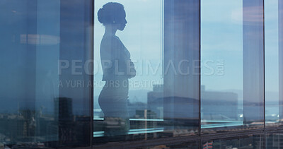 Buy stock photo Window, thinking and business woman with reflection, view or investment insight in office space. Vision, inspiration and worker with decision, problem solving or financial opportunity with confidence