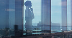 Window, thinking and business woman with vision, view and investment insight in office space. Reflection, inspiration and worker with decision, problem solving and idea for financial opportunity