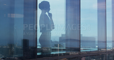 Buy stock photo Window, thinking and business woman with vision, view and investment insight in office space. Reflection, inspiration and worker with decision, problem solving and idea for financial opportunity