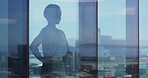 Business woman, shadow and window with reflection on balcony in city for corporate vision. Silhouette, female person or employee with mirror or glass in confidence for company building infrastructure