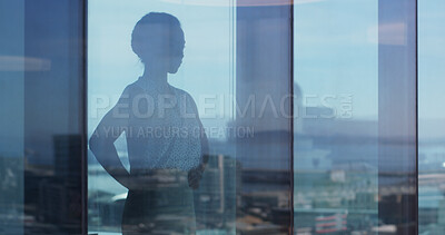 Buy stock photo Business woman, window and thinking with reflection in city for corporate vision on space. Female person, employee or attorney with mirror glass in confidence or company building for infrastructure